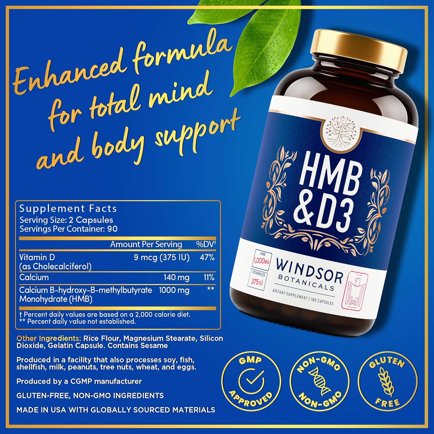 HMB and Vitamin D3 Supplement - B-Hydroxy B-Methylbutyrate 1,000 MG HMB Supplements for Men and Women Plus Calcium, Vitamin D 3 - Muscle Growth, Strength, Performance, Recovery - 90 Days, 180 Caps. - Image 3
