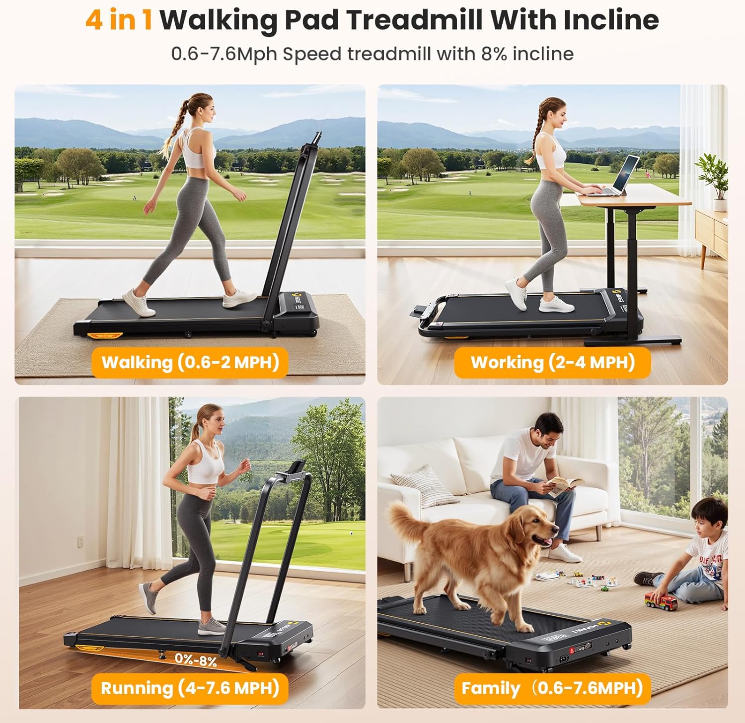 Walking Pad Treadmill, 3 in 1 Foldable Under Desk Treadmills for Home Office, Small Walking Pad with Incline Handle Bar, 300lbs Capacity 2.5HP Portable Running Machine with APP Remote Control - Image 4