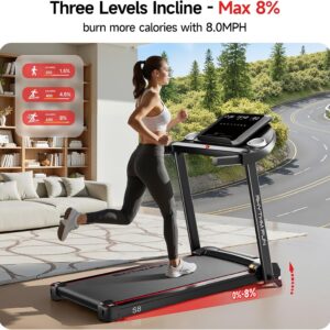 RHYTHM FUN 8.0 MPH Treadmills for Home, Running Walking Pad Treadmill with Incline up to 8%, Foldable Treadmill with Handle Bar, Low Noise Walking Pad for 300 lbs