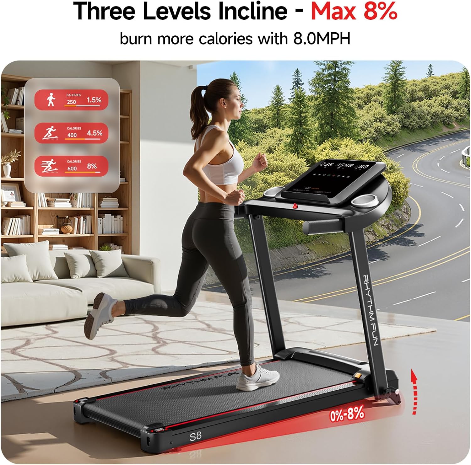 RHYTHM FUN 8.0 MPH Treadmills for Home, Running Walking Pad Treadmill with Incline up to 8%, Foldable Treadmill with Handle Bar, Low Noise Walking Pad for 300 lbs - Image 2