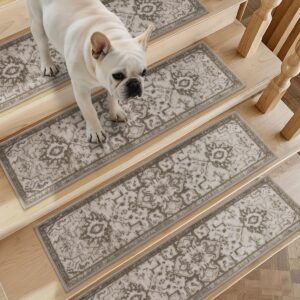 JSEI Stair Treads for Wooden Steps, 15 Pack 8″ X 30″ Non-Slip Machine Washable Carpet Stair Treads with TPE Backing, Soft Indoor Stair Rug Runner for Kids Elders & Pets, 100% Polyester, Beige/Brown