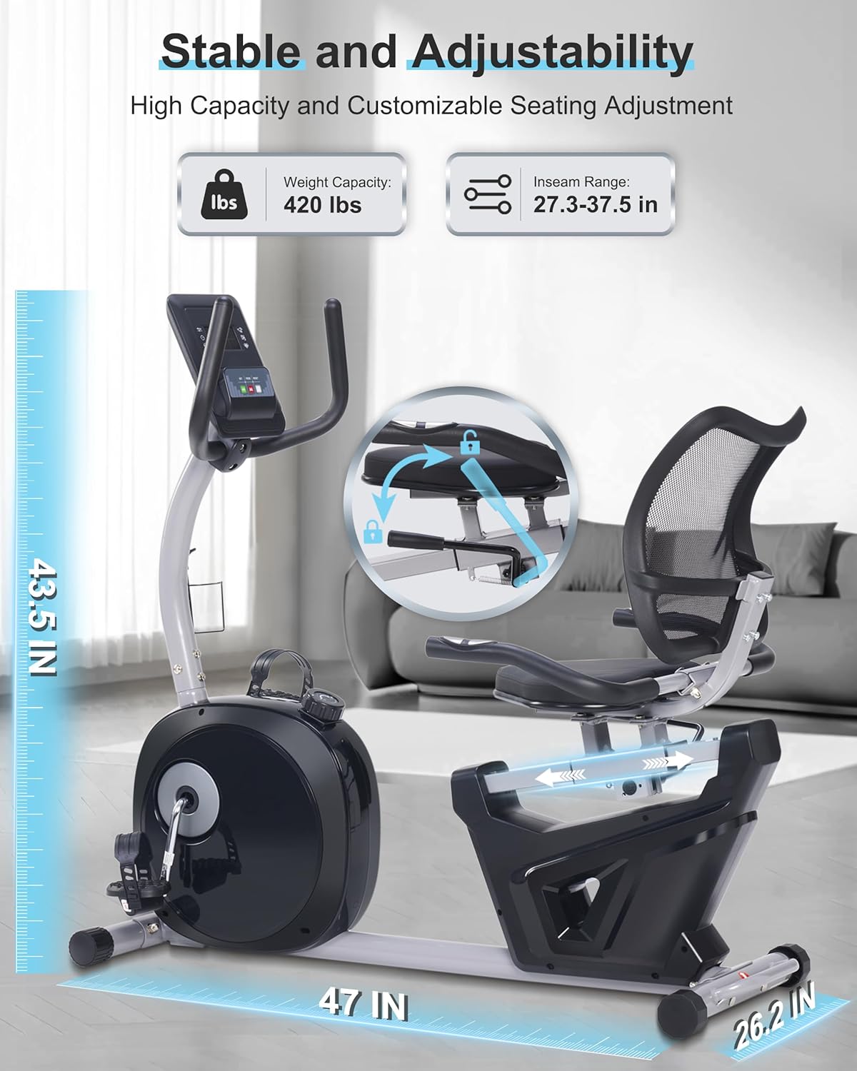 Recumbent Exercise Bike, Recumbent Bike for Home with Smart Workout APP - Recumbent Bikes with Ergonomic Backrest and Comfort Seat, 420LBS Weight Capacity, Larger Backlit Display - Image 8