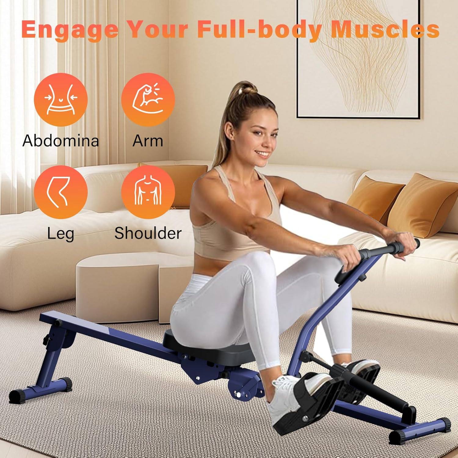Rowing Machines for Home, Hydraulic Rower Compact Foldable, 300LBS Weight Capacity with 12 Levels Adjustable Resistance for Full-Body Cardio Workouts - Image 6