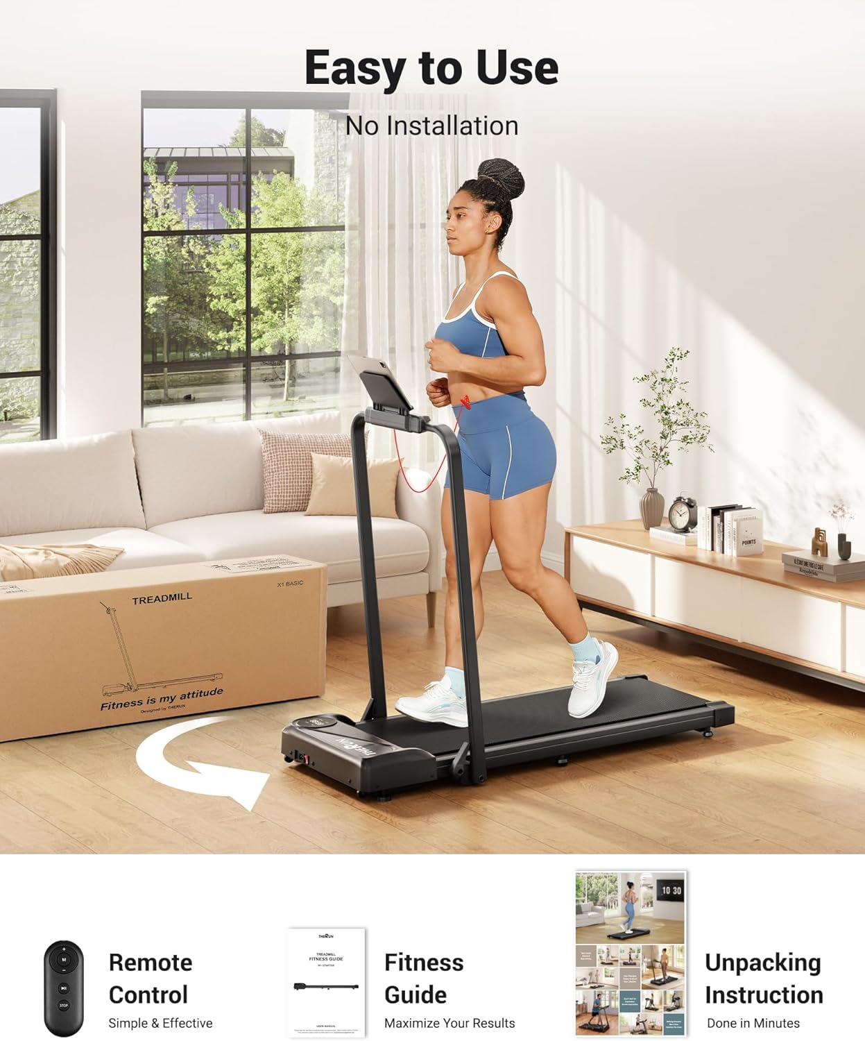 THERUN Walking Pad, 2 in 1 Foldable Treadmills for Home, 2.5HP Under Desk with Handle Bar, 16" Widened Running Belt, with Remote Control - Image 5