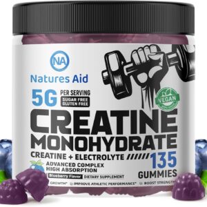 Creatine Monohydrate Gummies (5g) – Pre-Workout Energy & Muscle Growth Support for Men & Women | Blueberry Electrolyte Gummies (135 Count)