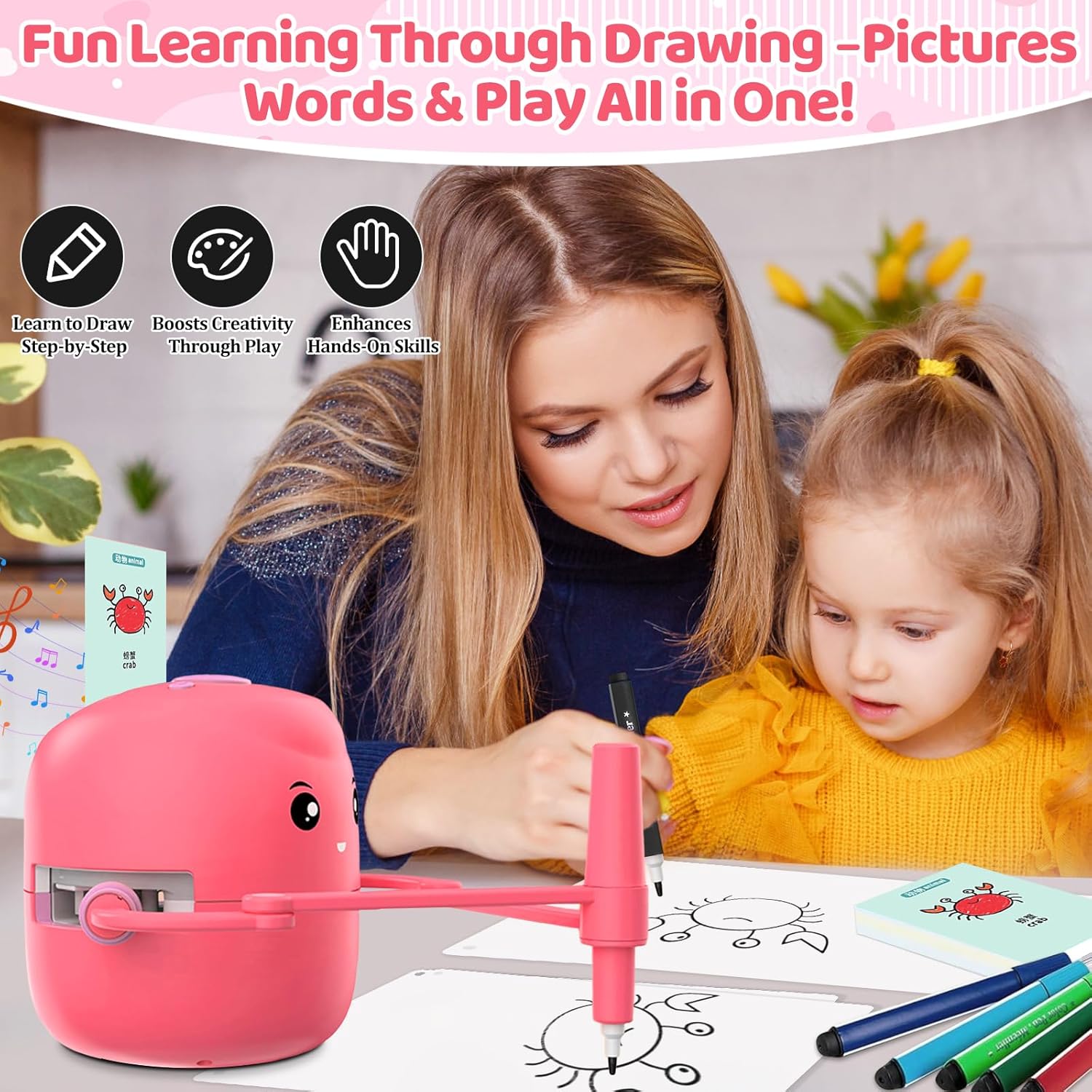 Drawing Robot for Kids with 150 Learning Cards and 17 Colorful Pens, Voice Interactive Educational Smart Art Painting Machine, Step-by-Step Drawing Guidance for Boys Girls Early Learning & STEM Toys - Image 2