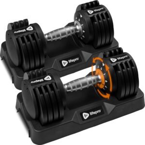 Lifepro Adjustable Dumbbells – 25lb Pair or 90lb Single, Quick-Select Hand Weights for Men/Women – Space Saving Exercise Fitness Dumbbells for Home Gym Strength & Weight Training