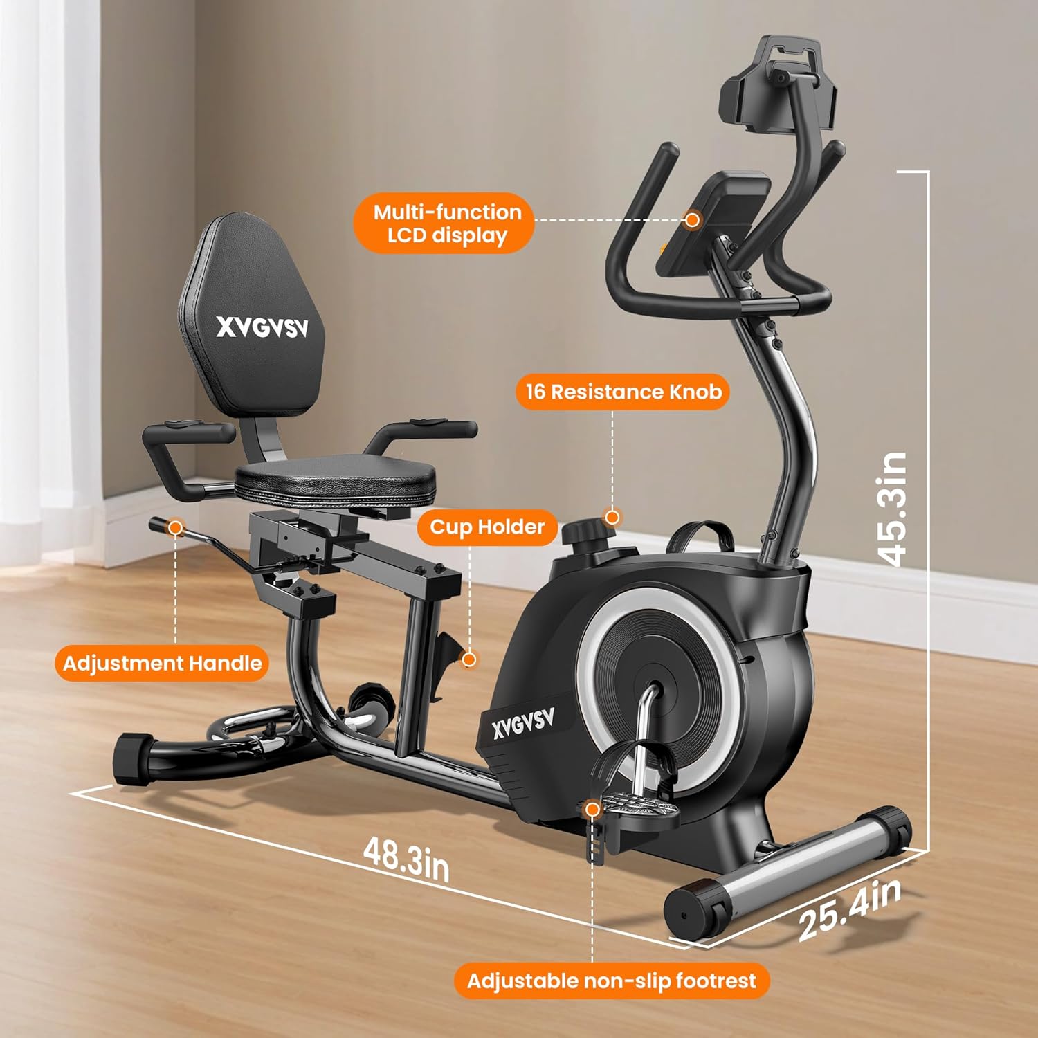 Recumbent Exercise Bike for Home Use, Quiet Recumbent Stationary Bikes for Adults & Seniors, 16-Level Resistance, Adjustable Seat, Supports 400LB, Pulse Sensors & LCD Display - Image 7