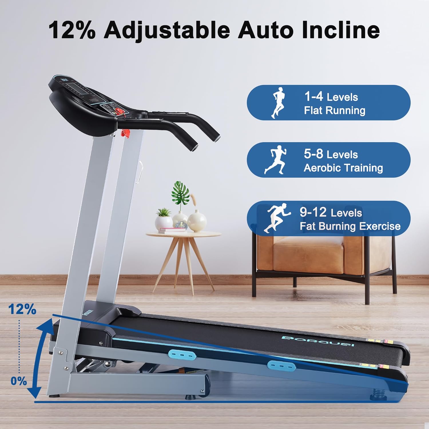 Auto Incline Treadmill with 300 LBS Capacity, 17.5" Wide 3 HP Folding Electric Treadmill Max 8.5 MPH Speed, Running Machine with Bluetooth Speaker & LCD Display for Home Use - Image 4