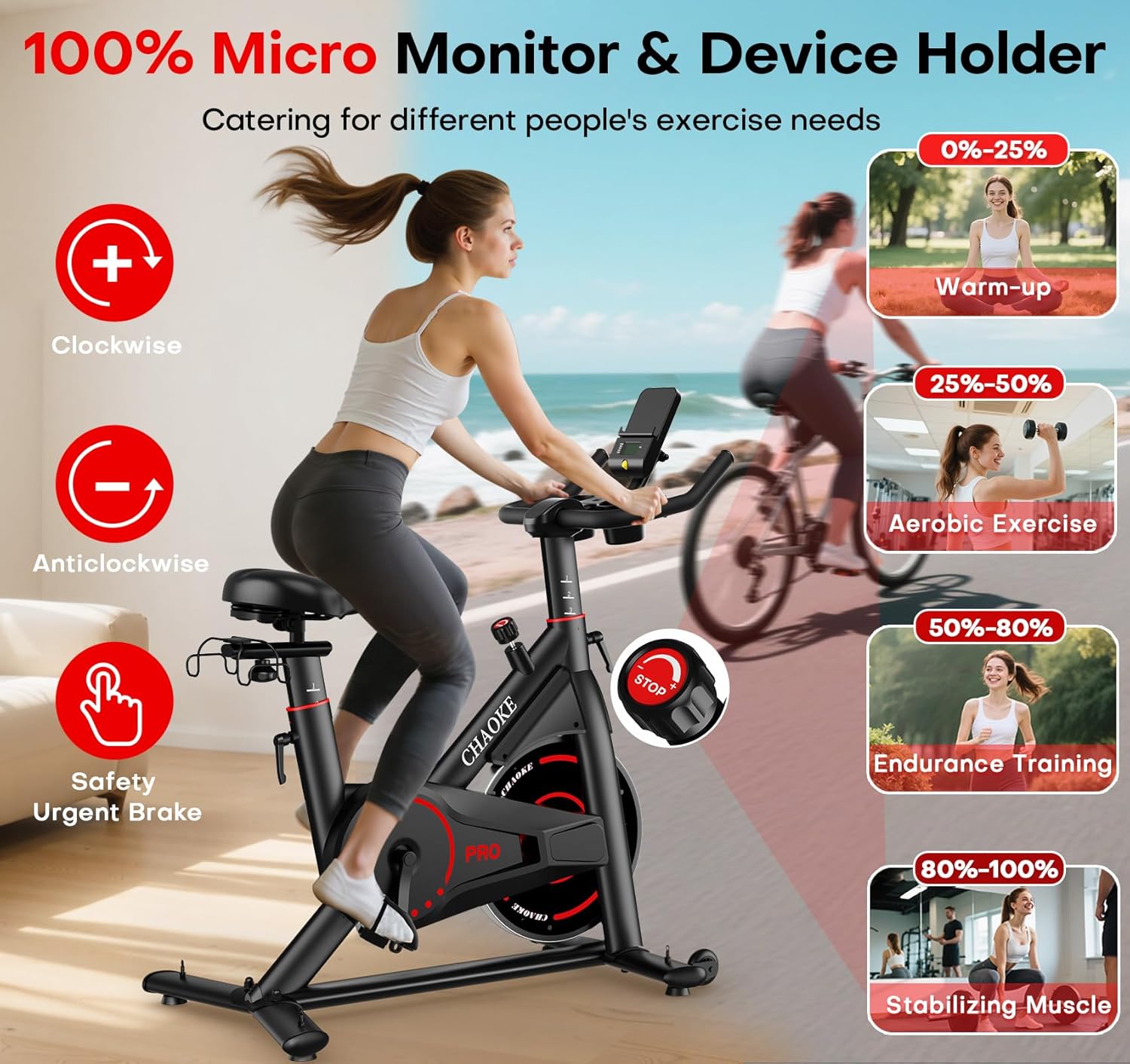Exercise Bike, CHAOKE Quiet Magnetic Resistance 300LB Capacity Stationary Bike for Home with App Compatible, Indoor Bike with Comfortable Seat and Digital Display - Image 3