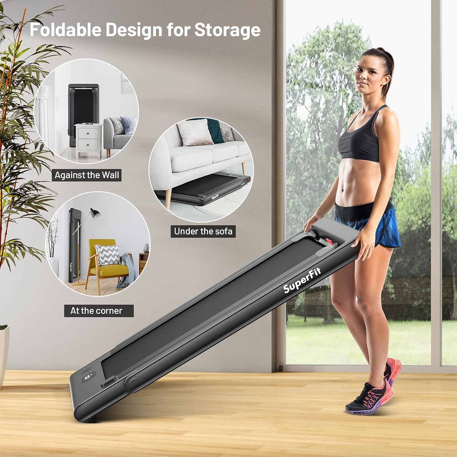 GYMAX Walking Pad, Dual LED Display 2 in 1 Under Desk Treadmill for Home with Remote & Smart App Control, 2.25HP Foldable Portable Treadmill Running Machine for Office Small Space - Image 4
