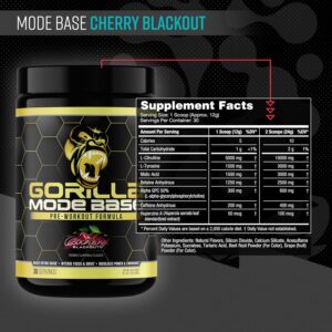 Gorilla Mind Base Pre Workout – Raises Nitric Oxide Intense Focus & Drive Endurance Power – L-Citrulline, L-Tyrosine, Betaine, Alpha-GPC, Caffeine, Huperzine A – 360 Grams (Cherry Blackout)
