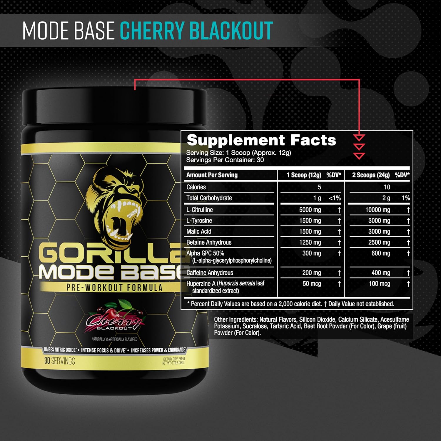 Gorilla Mind Base Pre Workout - Raises Nitric Oxide Intense Focus & Drive Endurance Power - L-Citrulline, L-Tyrosine, Betaine, Alpha-GPC, Caffeine, Huperzine A - 360 Grams (Cherry Blackout) - Image 2