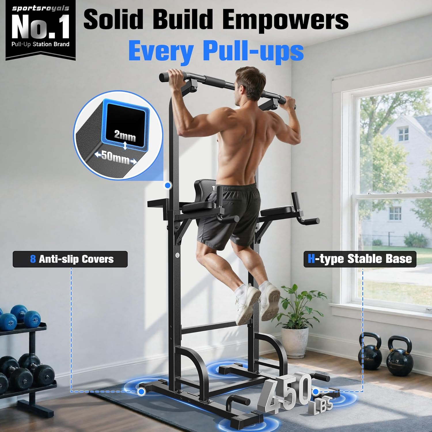 Sportsroyals Power Tower Pull Up Bar Station, 450LBS Stable Pull Up Dip Station for Home Gym Strength Training Equipment - Image 2