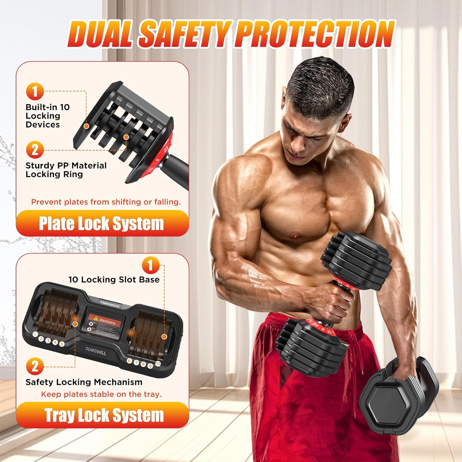25/52.5/55LBS Adjustable Dumbbells Set with Anti-Slip Handle, Fast Adjust Weight Dumbbells Set with Dual Safety Locking System, Versatile Weights Set for Women & Men Full Body Workout Fitness, Compact Size Space Saving for home gym - Image 4
