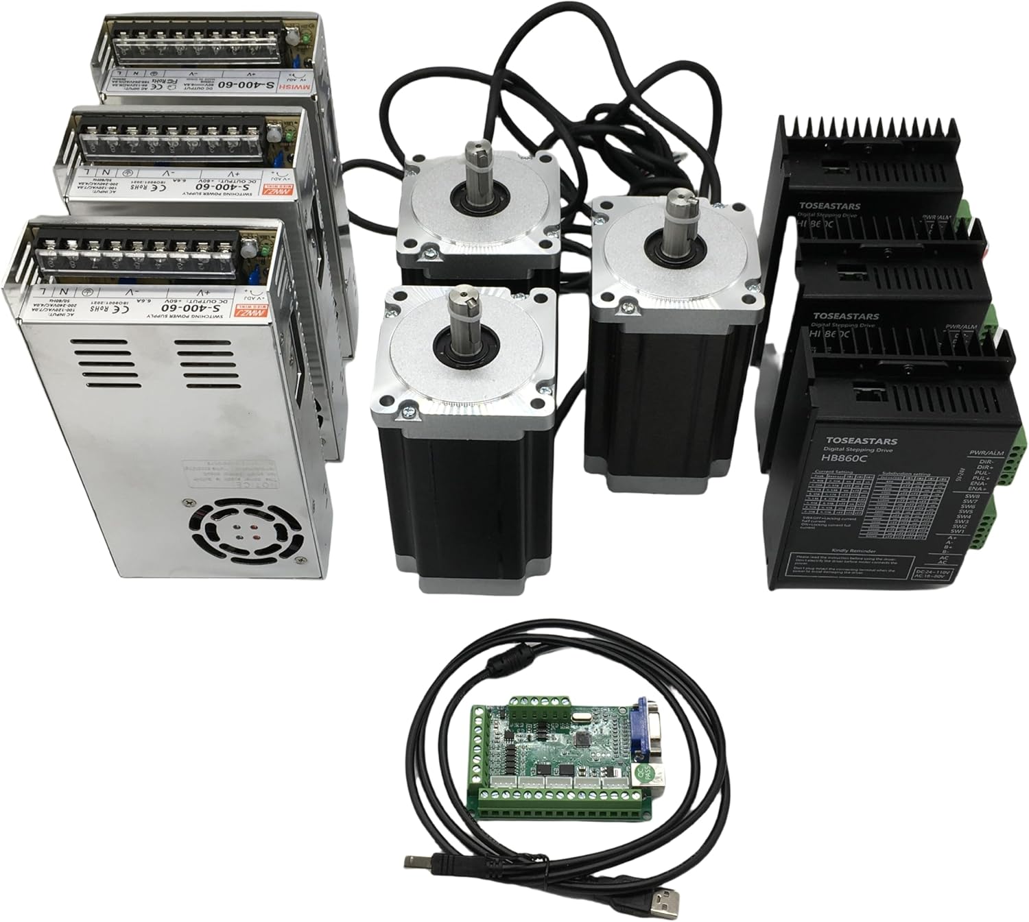 3 Axis CNC Controller Kit Nema 34 86mm Stepper Motor 4.5Nm 640oz.in 2-Phase 6A, Step Motor Driver, 400W 60V Power Supply, Mach3 Control Card for Machine Engraving Router