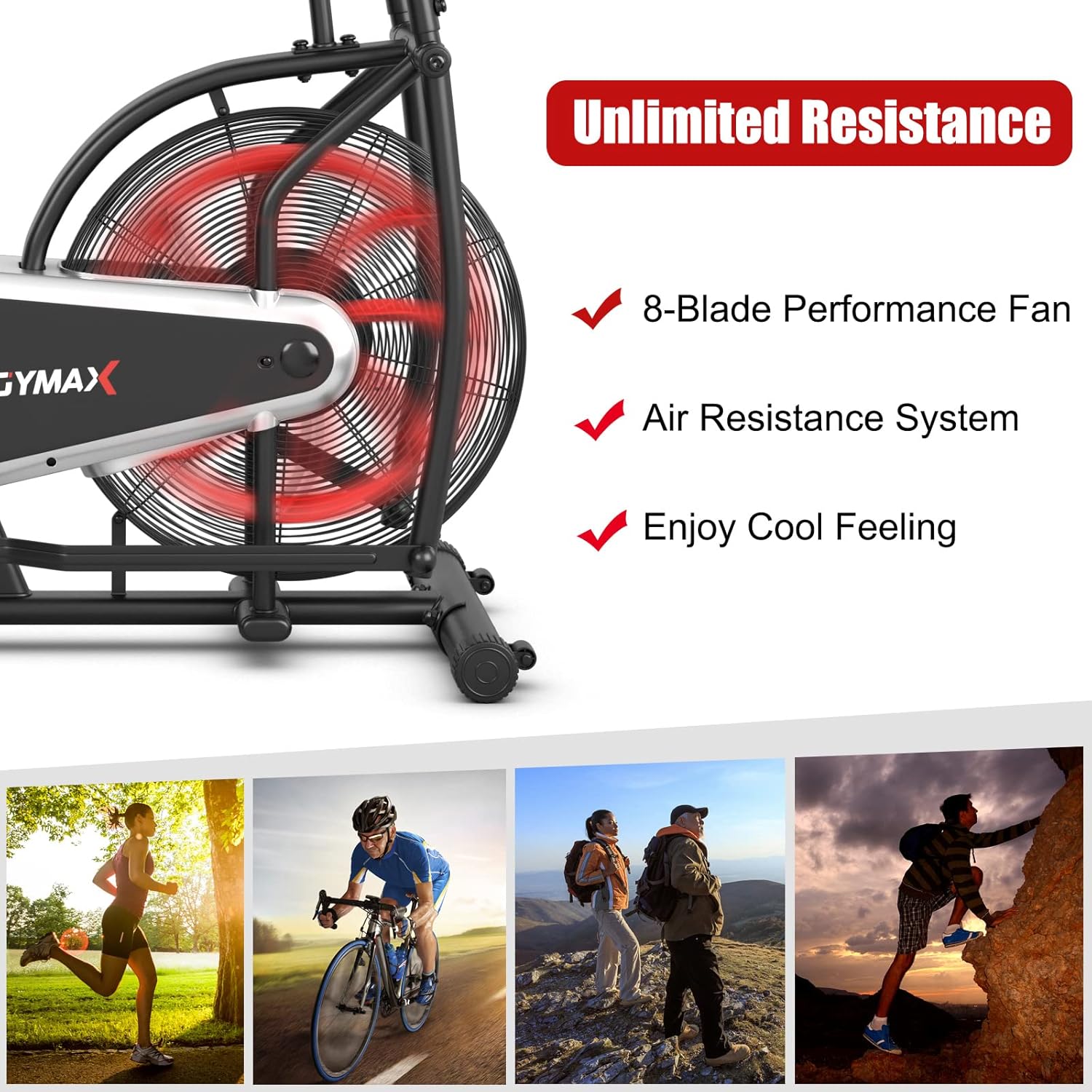 GYMAX Fan Bike, Air Resistance Upright Bike with LCD Monitor, Phone Holder & Built-in Wheels, Fully Adjustable Stationary Exercise Bike for Home Gym Cardio Training Workout Fitness - Image 2