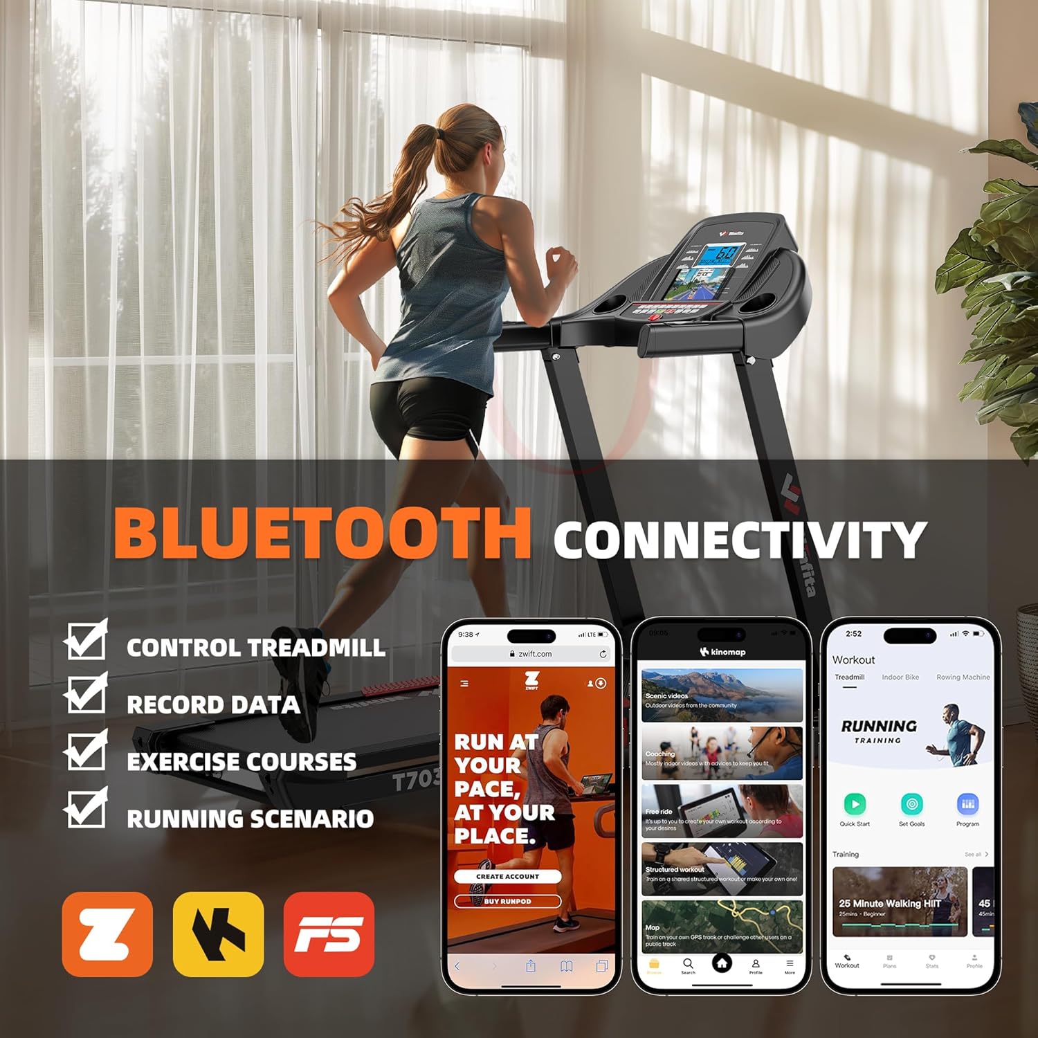 Treadmill with Incline, 300 LBS Capacity, 8 MPH or 10 MPH Speed, Bluetooth, App, Pause Function, Folding Treadmills for Home with 64 Programs, 17'' or 18'' Wide Belt, Heart Rate, BMI Detector - Image 7