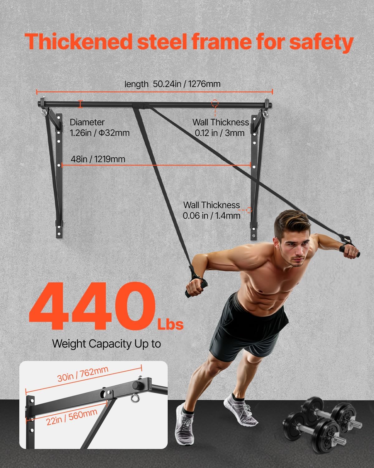 VEVOR Pull Up Bar, 50 in Width Wall Mounted Pull Ups, Adjustable Depth 22" or 30" from Wall, Heavy Duty Steel Upper Body Workout Bars, 440 lbs Weight Capacity Chin Up Training Station, for Home Gym - Image 2