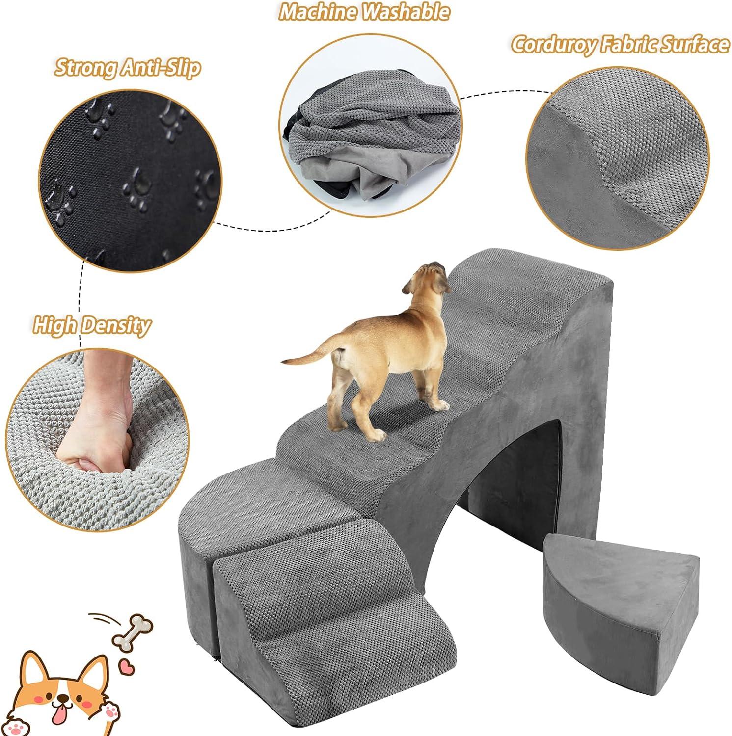 Dog Stairs for High Beds up to 32" H, A.FATI 6 Step Pet Ramp with Machine Washable Cover, Non-Slip Dog Steps for Bed for Small/Medium/Old Dogs, 30D Foam Pet Stairs - Image 4
