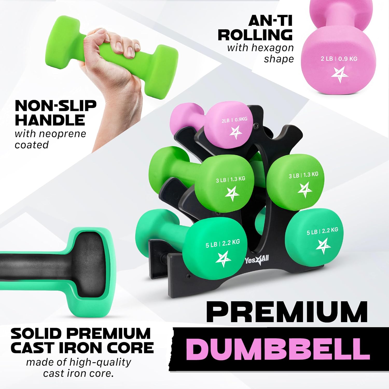 Yes4All Neoprene Coated Dumbbell Hand Weight Sets - Multiple Weight Options with Rack, Anti-roll, Anti-Slip, Hexagon Shape - Image 4
