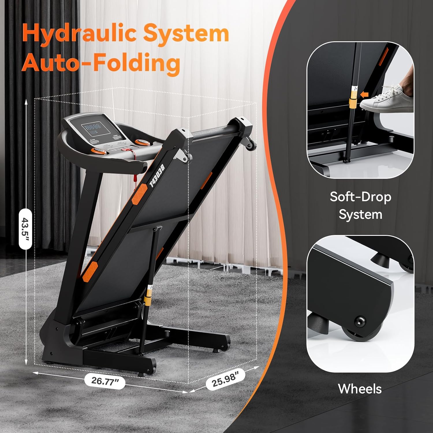 8.7MPH Treadmills for Home, 0%-15% Incline Walking Pad Treadmill with Auto-Folding, 3.5HP Wide Running Area Supports Up to 300lbs User Weight, Bluetooth & Pulse Monitor - Image 6