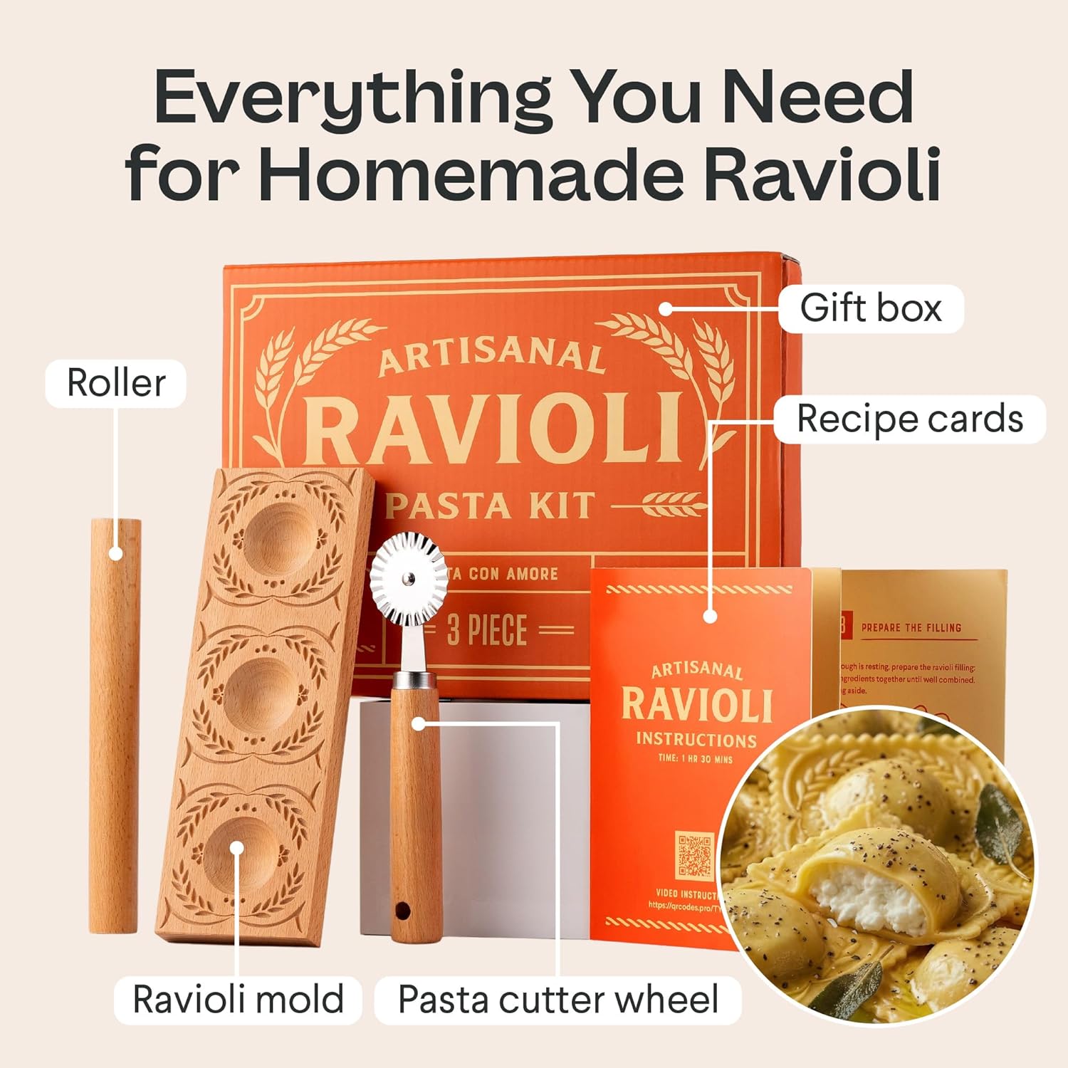 Cooking Gift Set Co. Artisanal Ravioli Maker Press, Wooden Ravioli Mold & Pasta Maker, Ravioli Press, Pasta Cutter Wheel, Ravioli Maker Tool, Guide Pasta Making Tools Set for Homemade Pasta (3 Piece) - Image 2