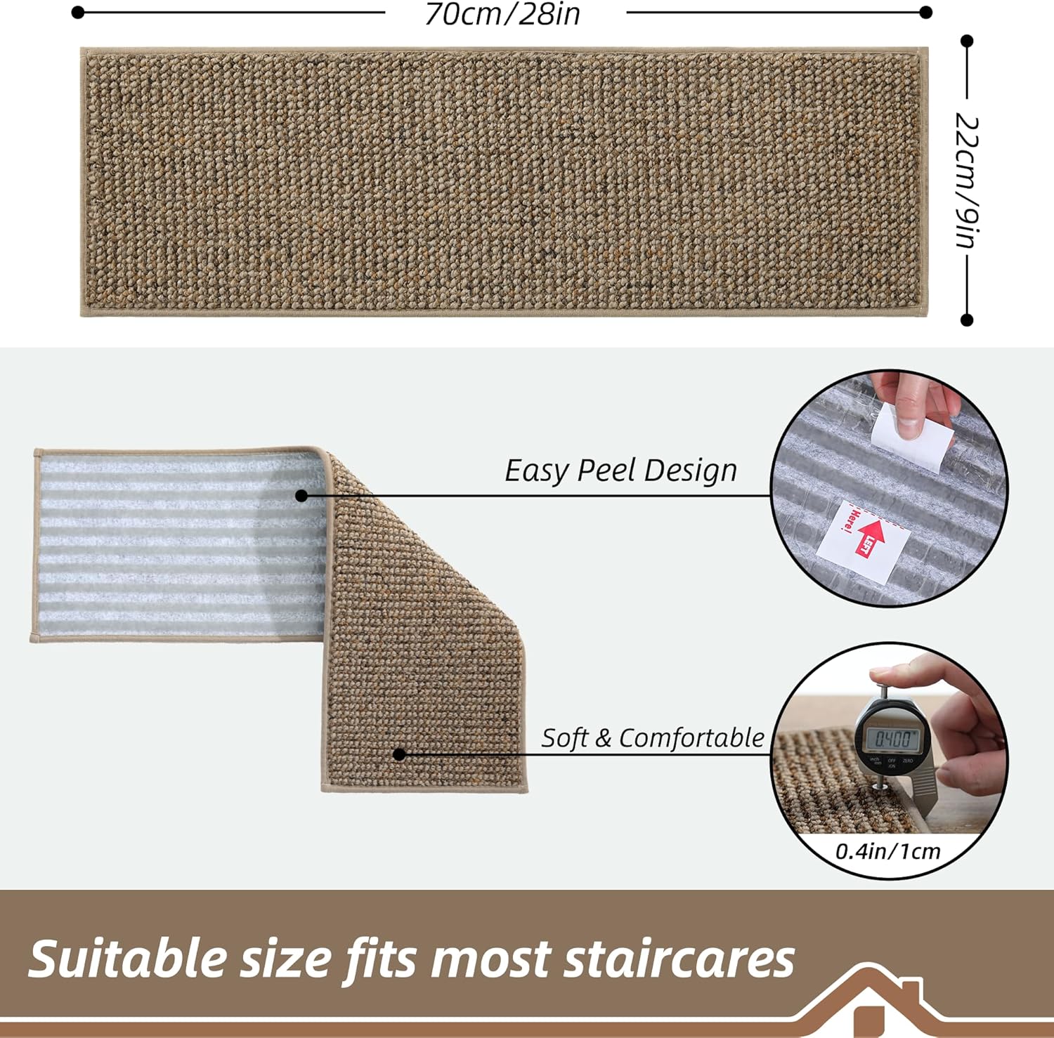 BEQHAUSE Stair Treads for Wooden Steps 28inX9in, Carpet Stair Treads Non Slip Indoor, Machine Washable Stair Runners for Kids Elders and Pets, Carpet for Stair Rugs Mat, TPE Backing, 15pcs, Taupe - Image 2