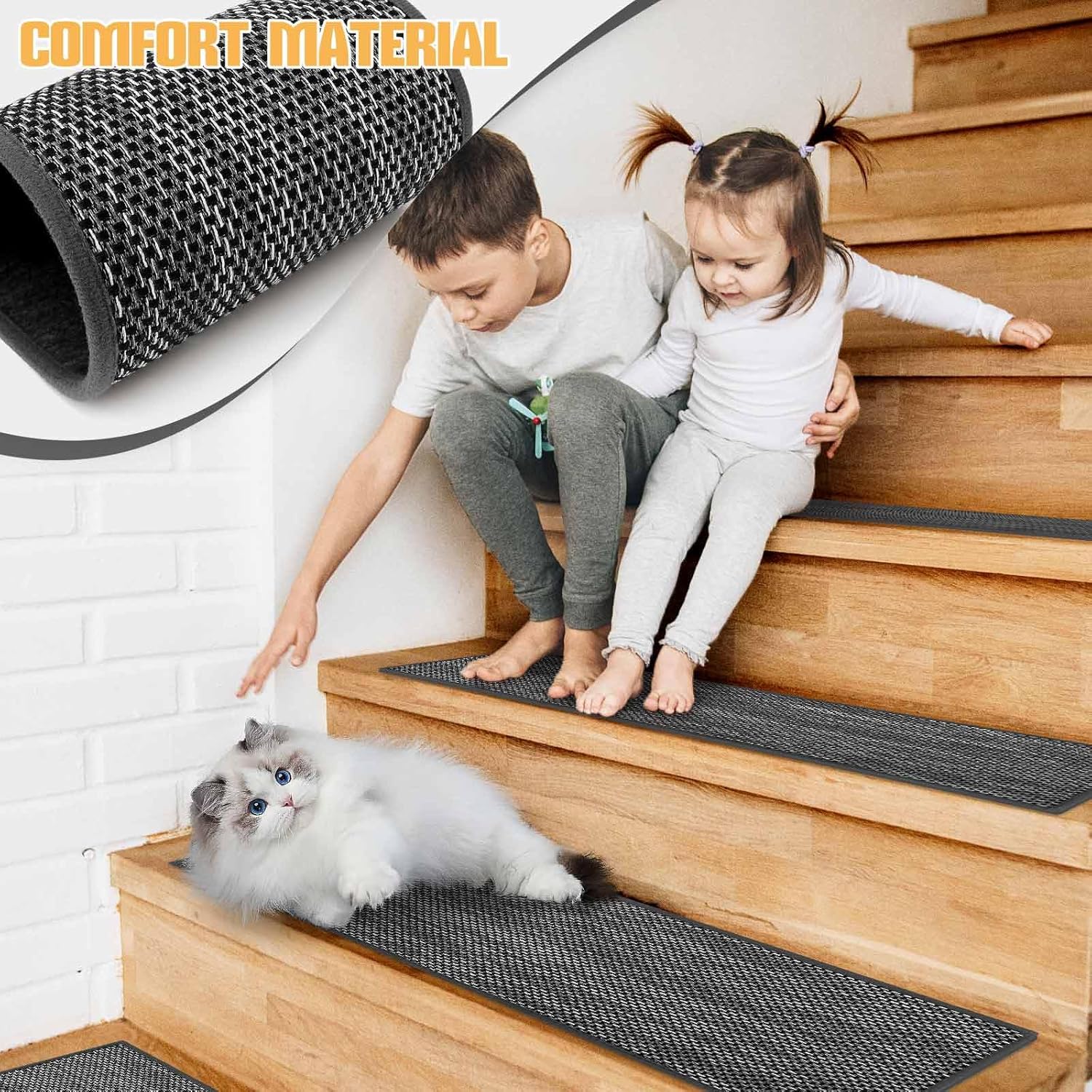 Seloom Linen Non Slip Stair Treads Carpet for Wooden Steps Indoor, Peel and Stick Carpet Stair Tread for Wood Stairs, Machine Washable Stair Runners for Pets, 15 Pack, Black (9" x36") - Image 7