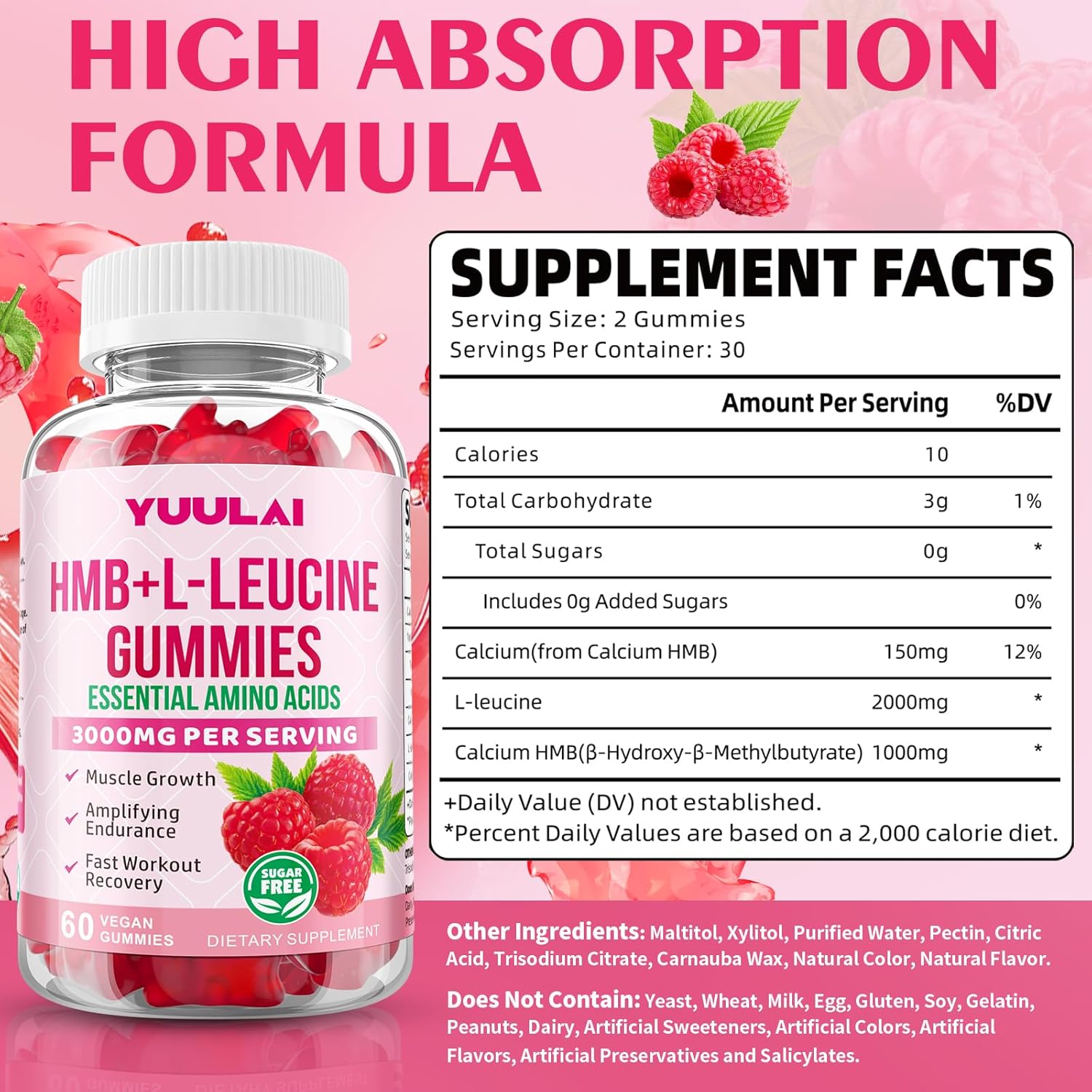 HMB and L-Leucine Gummies, 3000mg HMB and Leucine Amino Acid for Men Women, for Muscle Growth, Muscle Relief, and Fast Workout Recovery, Vegan, Raspberry Flavor, 60 Count - Image 2