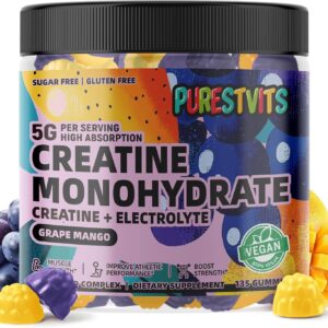 Creatine Monohydrate Gummies (5g) – Pre-Workout Energy & Muscle Growth Support for Men & Women | Grape Mango Electrolyte Gummies (135 Count)