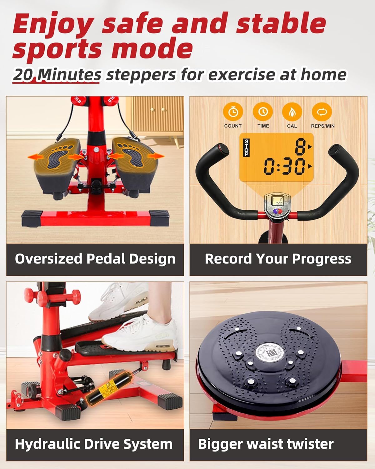 Wonderful Day Stair Steppers for Exercise at Home, Twist Stair Stepper Machine with Resistance Bands, LCD Monitor,300 lbs Loading Capacity - Image 4