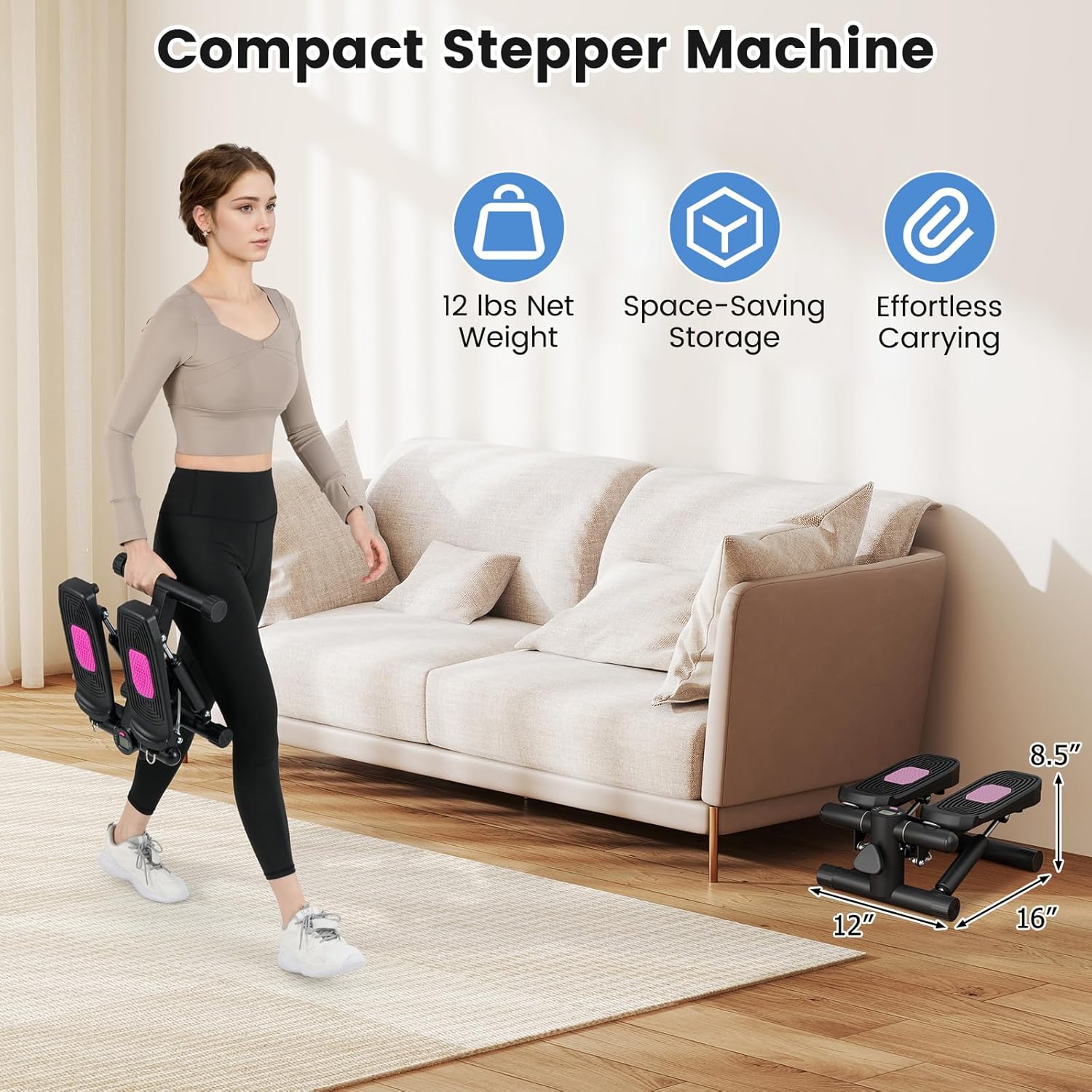 GYMAX Steppers for Exercise at Home, Hydraulic Mini Stair Stepper with Resistance Bands & LCD Monitor, Portable Under Desk Cardio Equipment Step Machine for Home Gym - Image 6