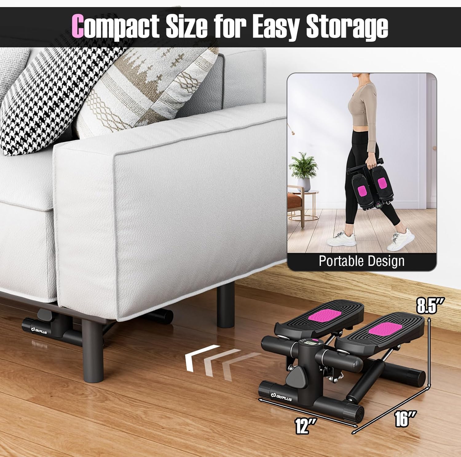 Goplus Steppers for Exercise at Home, Intensity Adjustable Hydraulic Mini Stepper w/Resistance Bands & LCD Monitor, Quiet & Portable Small Cardio Exercise Machine for Home Office or Under Desk - Image 9