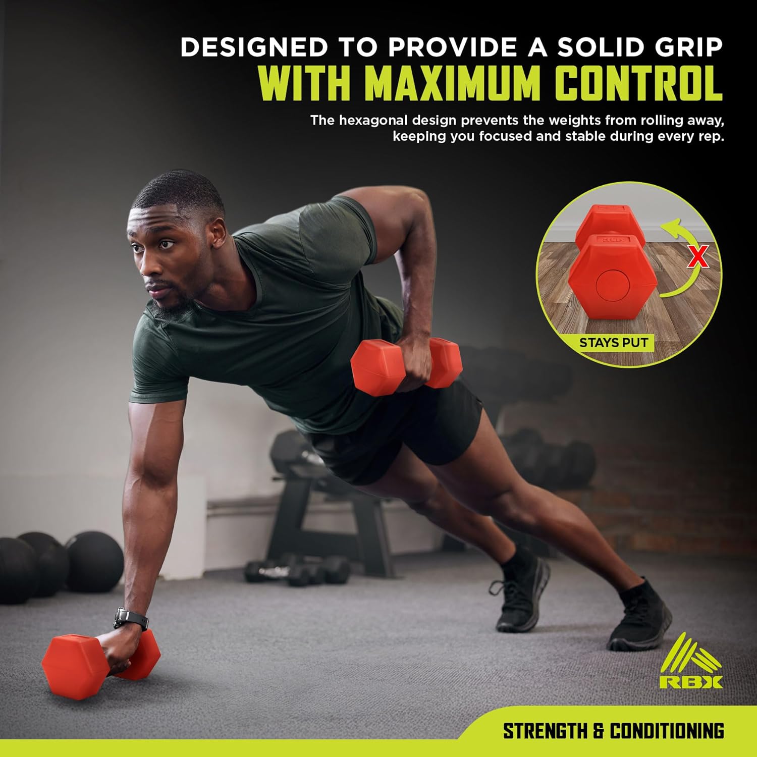 RBX Vinyl Coated Hand Weight Dumbbell Set - Hex Shaped, Roll Free for Body Building/Sculpting/Strength Training Exercise, (Set of 2) - Image 3