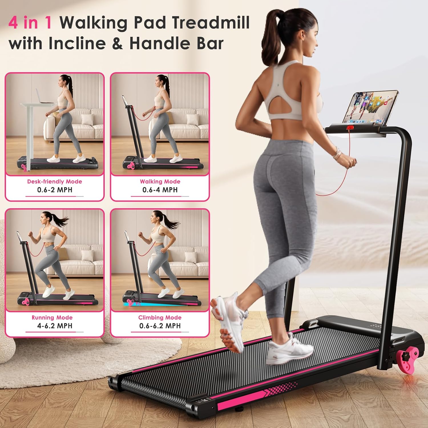 Walking Pad with Incline Portable Treadmill with Handle Bar for Home Office Under Desk Use Small Space Treadmill - Image 3