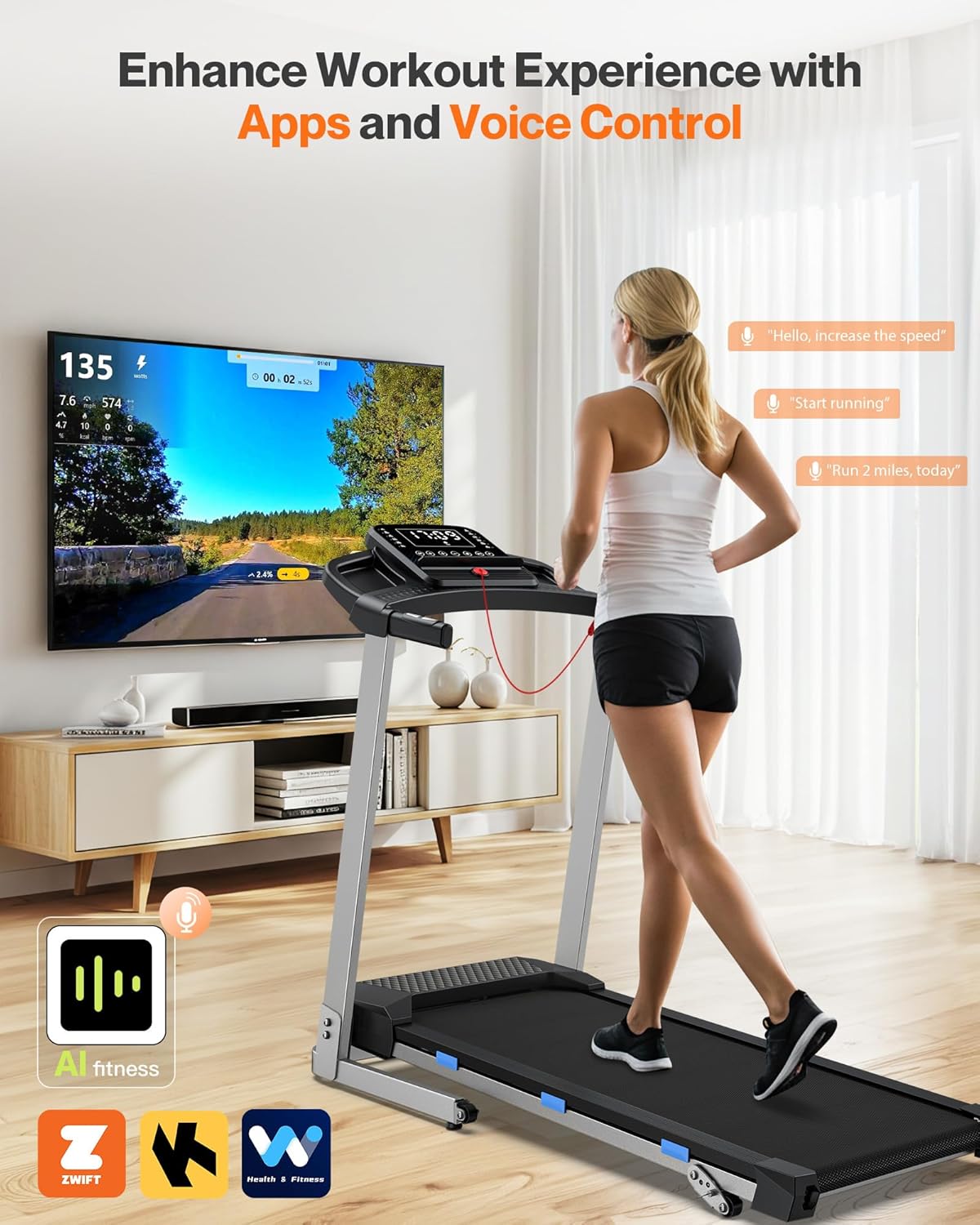 Folding Treadmill with Incline, 3.0 HP Quiet Treadmills for Home, 350 lbs Weight Capacity & 7.6 MPH, Incline Treadmill with Pulse Sensor and Bluetooth Speaker, Wide Belt, App, LED Display - Image 4
