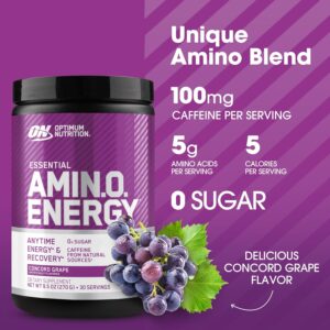 Optimum Nutrition Amino Energy – Pre Workout with Green Tea, BCAA, Amino Acids, Keto Friendly, Green Coffee Extract, Energy Powder – Concord Grape, 30 Servings