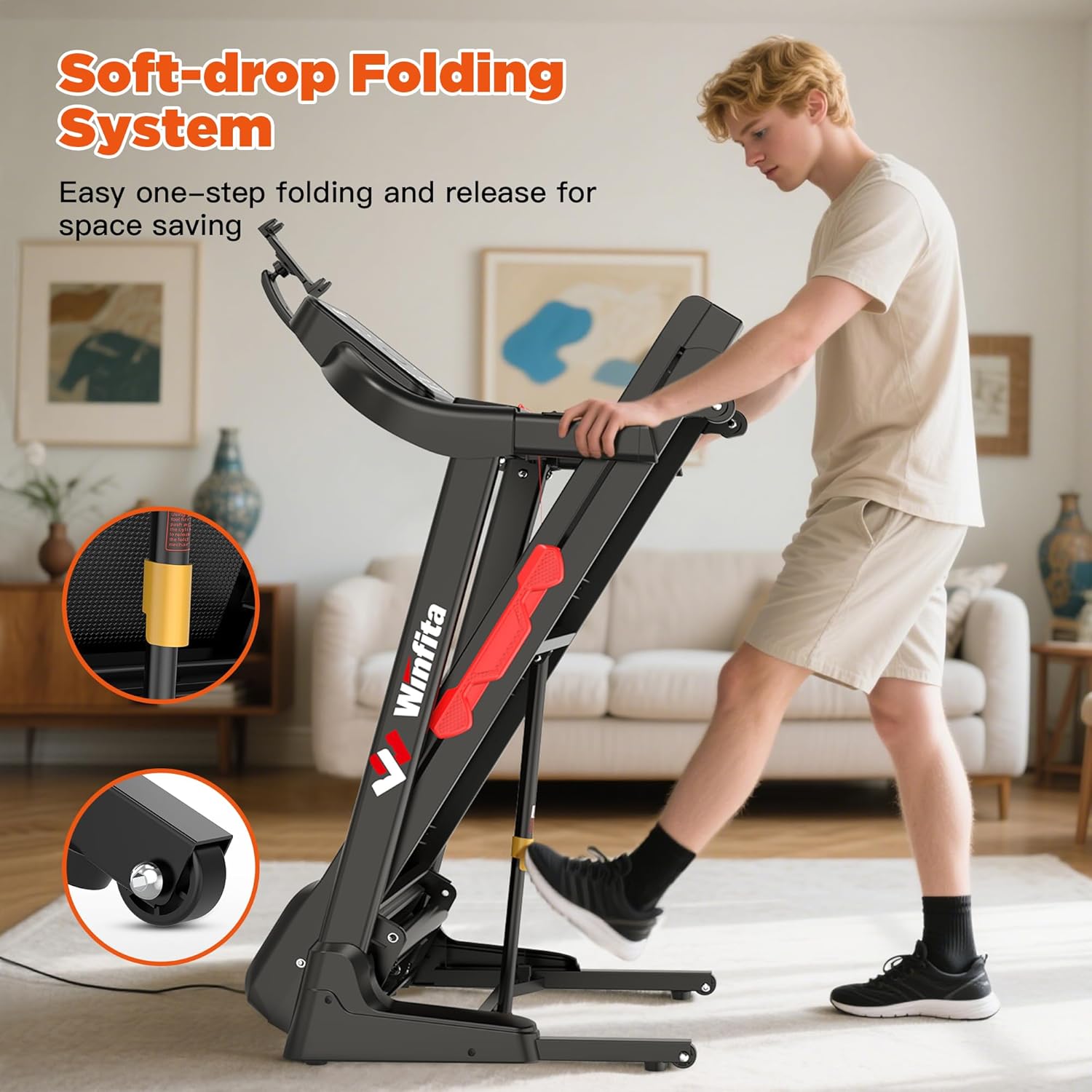 3.5HP Folding Treadmills for Home with Incline Optional, 300 lbs Capacity, 8.0MPH Speed, 17'' Wide Belt, App, Bluetooth Connection, 64 Programs, USB Charging Port, BMI Detector for Home Use - Image 9