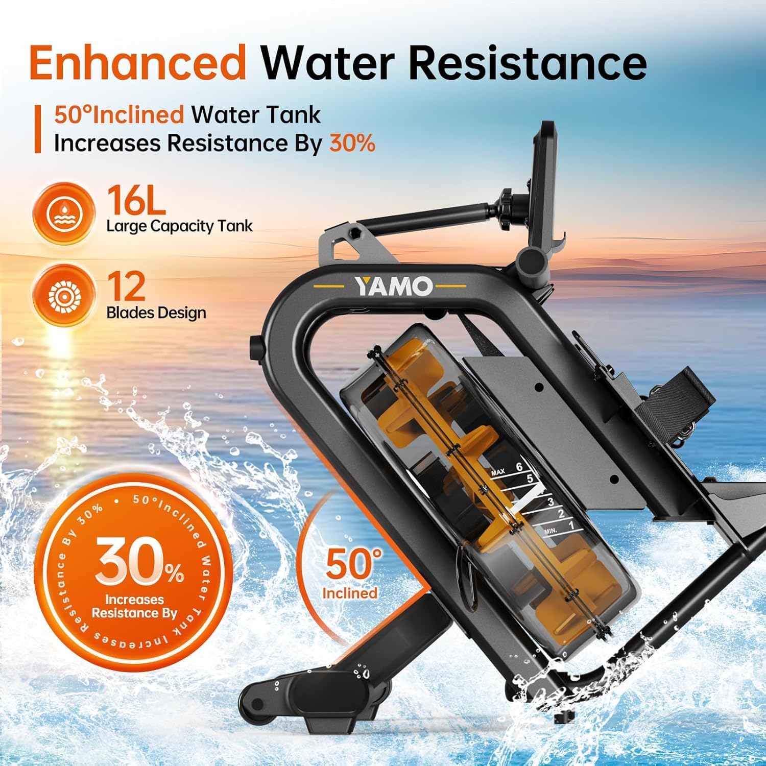 YAMO Water Rowing Machine for Home, Row Machine with 330LB Weight Capacity, Support Bluetooth & Compatible with Apps, Water Row Machine with Comfortable Seat and Tablet Holder - Image 4