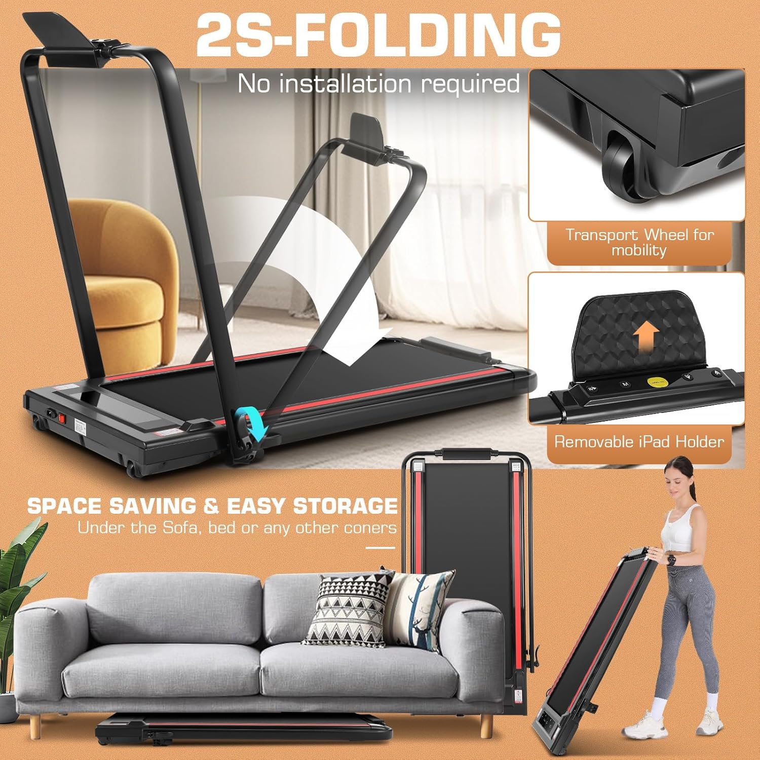 Under Desk Treadmill With Incline, 300lbs Walking Pad With Handle Bar & Remote Control, 2.5HP Folding for Home/Office, Installation-Free Jogging Running Electric Machine - Image 7