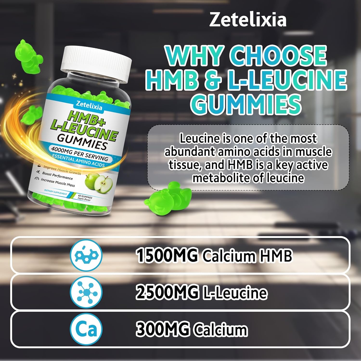HMB and L-Leucine Gummies, 4000mg HMB and Leucine Supplements Amino Acid Gummies for Men & Women, Support Muscle Growth, Muscle Relief and Workout Recovery, Sugar-Free, Vegan, Apple Flavor, 60 Count - Image 4