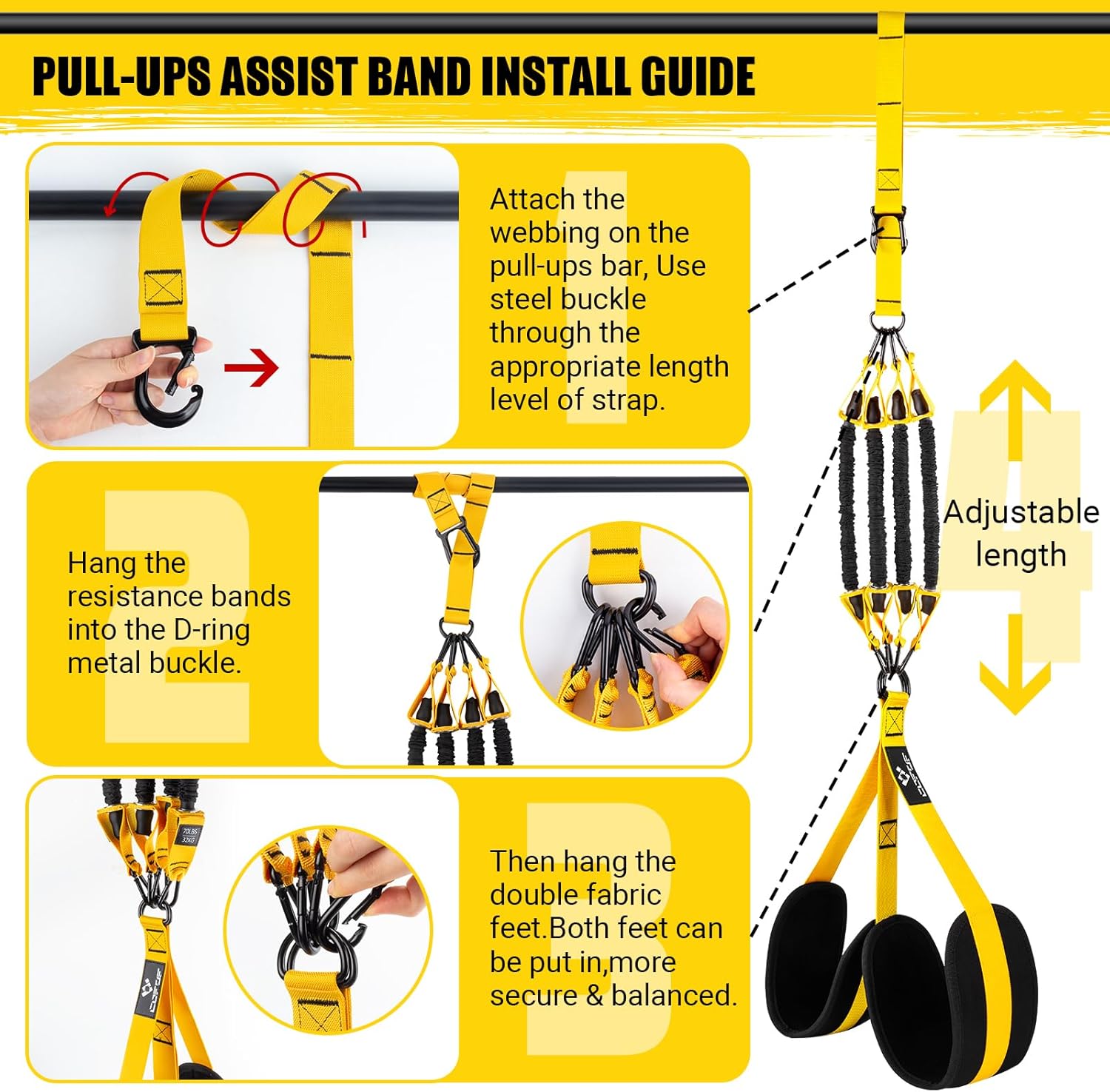 Pull Up Assistance Bands, 4 Adjustable Heavy Duty Resistance Bands for Pull Up Bar, Pull Up Assist Bands with Fabric Feet/Knee Rest for Home Gym Fitness Exercise Strength Training(70-280lbs) - Image 6
