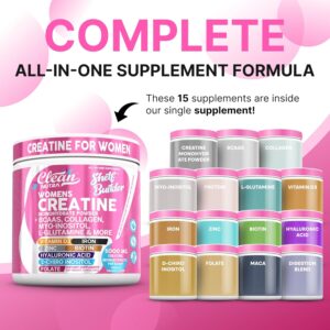 Creatine for Women | Creatine Monohydrate + BCAA Powder Myo-Inositol Collagen Biotin Hyaluronic Acid Folate L Glutamine Vitamin D3 Iron Zinc D-Chiro-Maca Digestion Shelf Builder by Clean Nutra