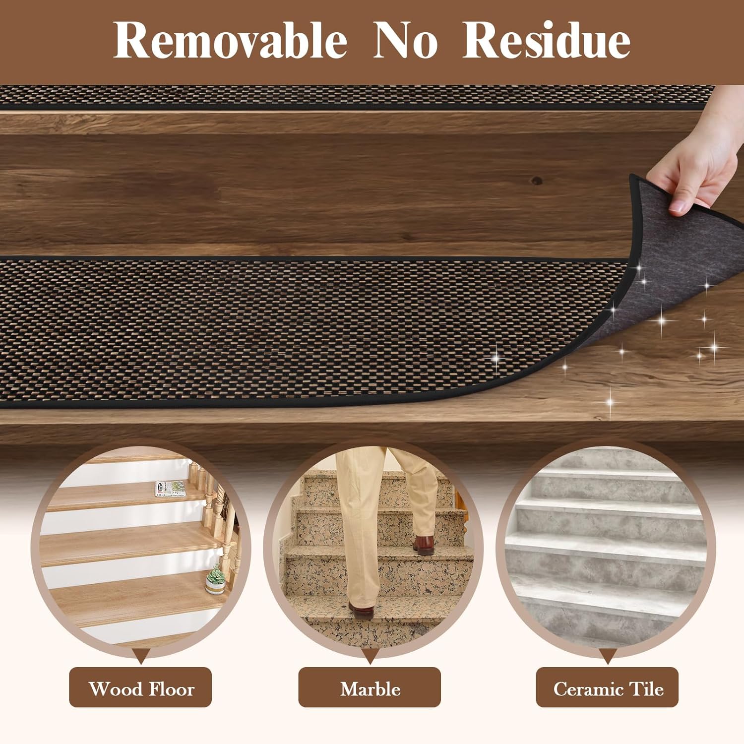 Tiveney Stair Treads Non Slip for Wooden Steps, 15PCS 8"x30" Machine Washable Stair Runner, Self-Adhesive Anti-Slip Backing Carpet for Stairs, Indoor Staircase Step Treads for Kids Elders Dogs, Black - Image 5
