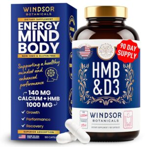 HMB and Vitamin D3 Supplement – B-Hydroxy B-Methylbutyrate 1,000 MG HMB Supplements for Men and Women Plus Calcium, Vitamin D 3 – Muscle Growth, Strength, Performance, Recovery – 90 Days, 180 Caps.