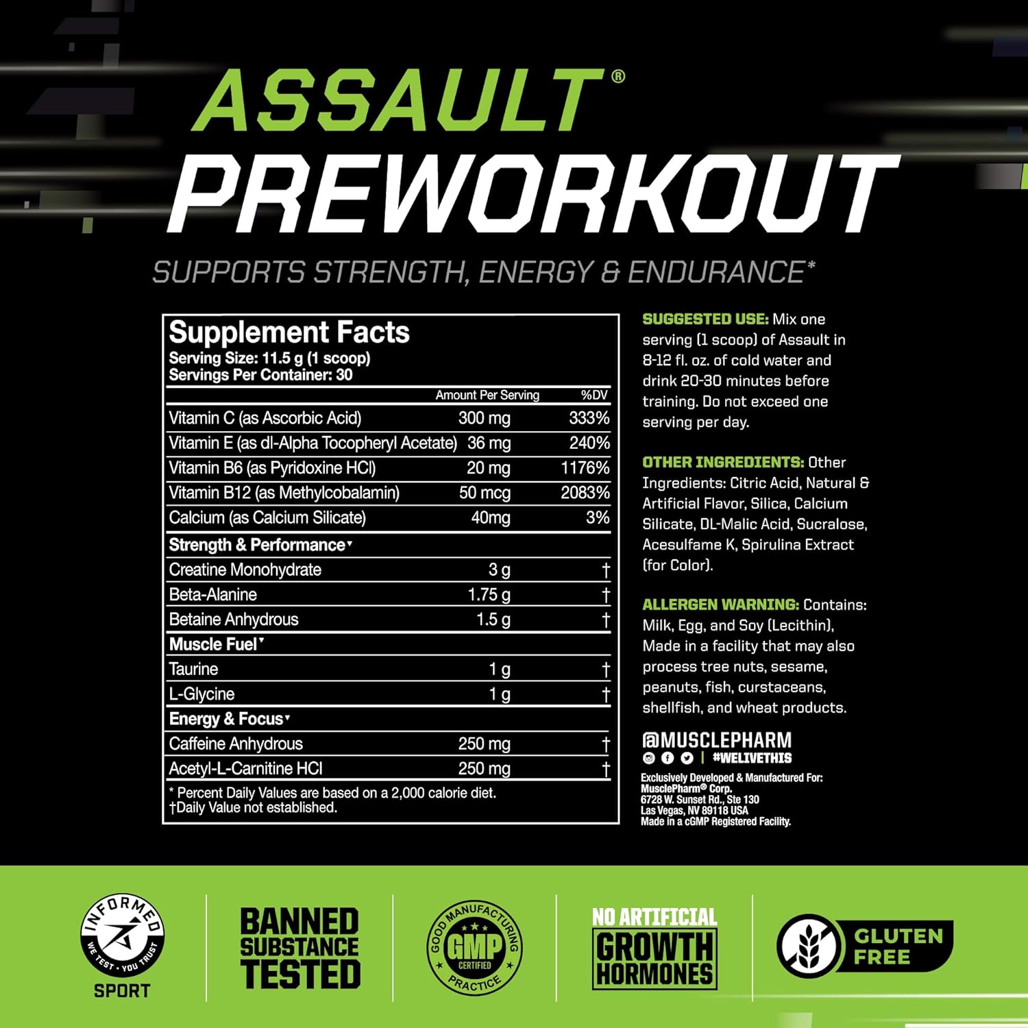 Muscle Pharm Assault Energy & Strength Pre Workout Powder for Men & Women with Beta Alanine, Caffeine, Creatine & Betaine Anhydrous, Pre-Workout Supplements, 30 Servings, Blue Raspberry Flavor - Image 3