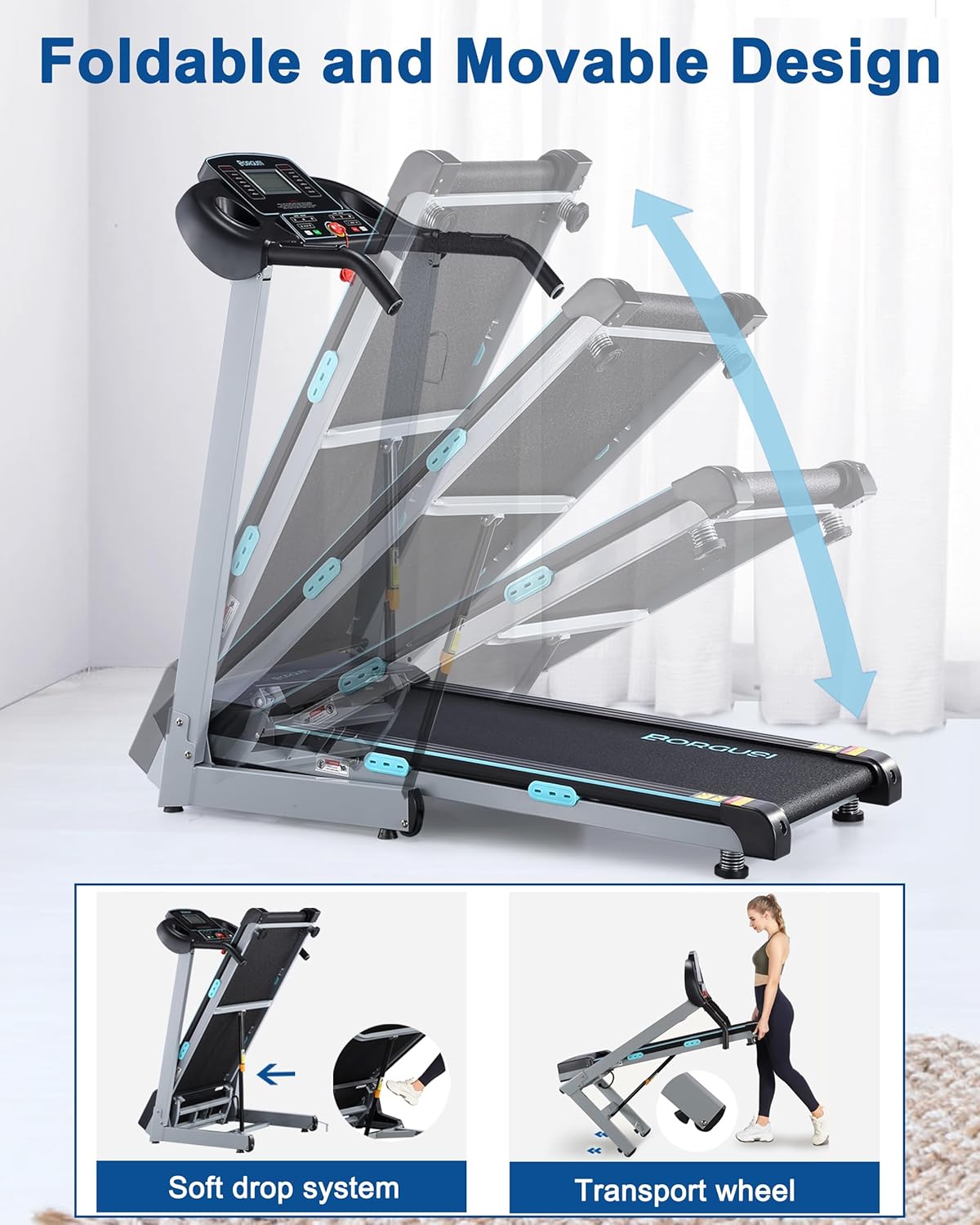 Treadmill with Auto Incline - 300 lb Capacity, 3.0HP Folding Electric Treadmill Up to 8.5 MPH Speed, Running Machine with 17.5" Wide Tread Belt and Bluetooth Speaker for Home Use - Image 7