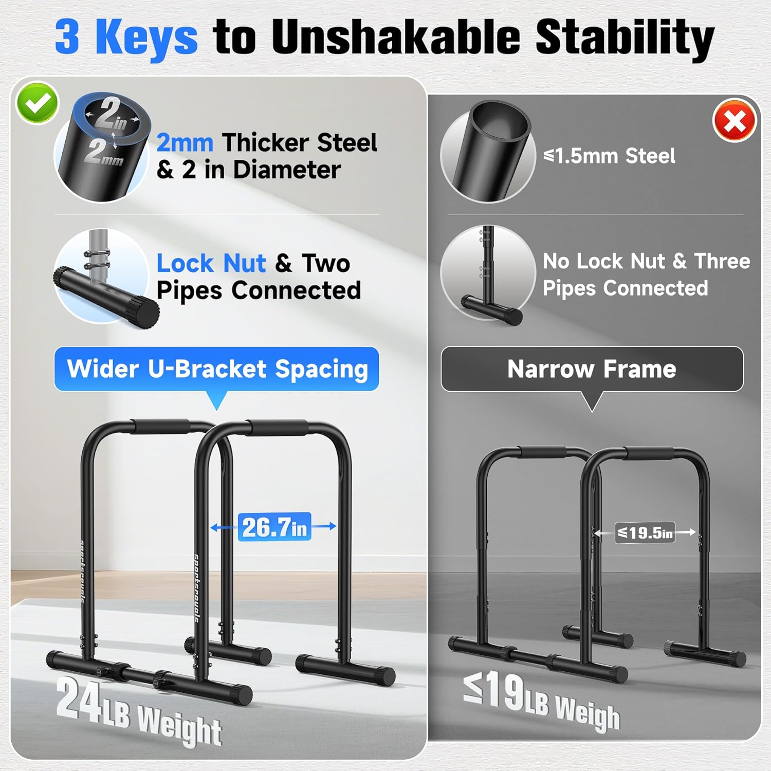 Sportsroyals Adjustable Dip Bar Station, Heavy Duty Parallette & Parallel Bars, 400LBS Stable Dip Stands for Home Gym, Calisthenics & Upper Body Workout Equipment - Image 8