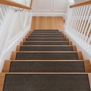 Tiveney Stair Treads Non Slip for Wooden Steps, 15PCS 8″x30″ Machine Washable Stair Runner, Self-Adhesive Anti-Slip Backing Carpet for Stairs, Indoor Staircase Step Treads for Kids Elders Dogs, Black